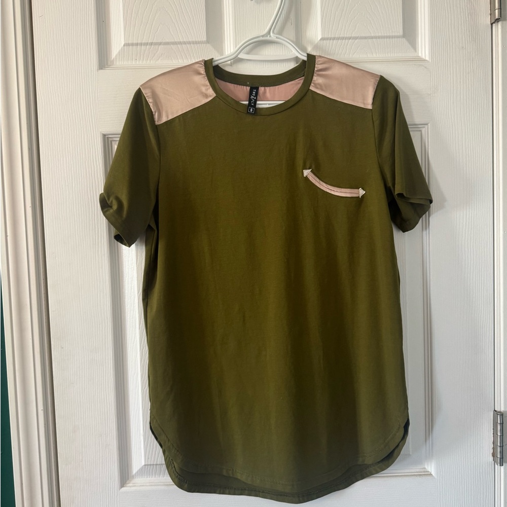 Olive Green T-Shirt with Blush Accents